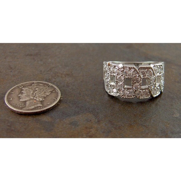 Sterling Silver CZ Wide Band Ring Size 7 Geometric Pave - Picture 3 of 5
